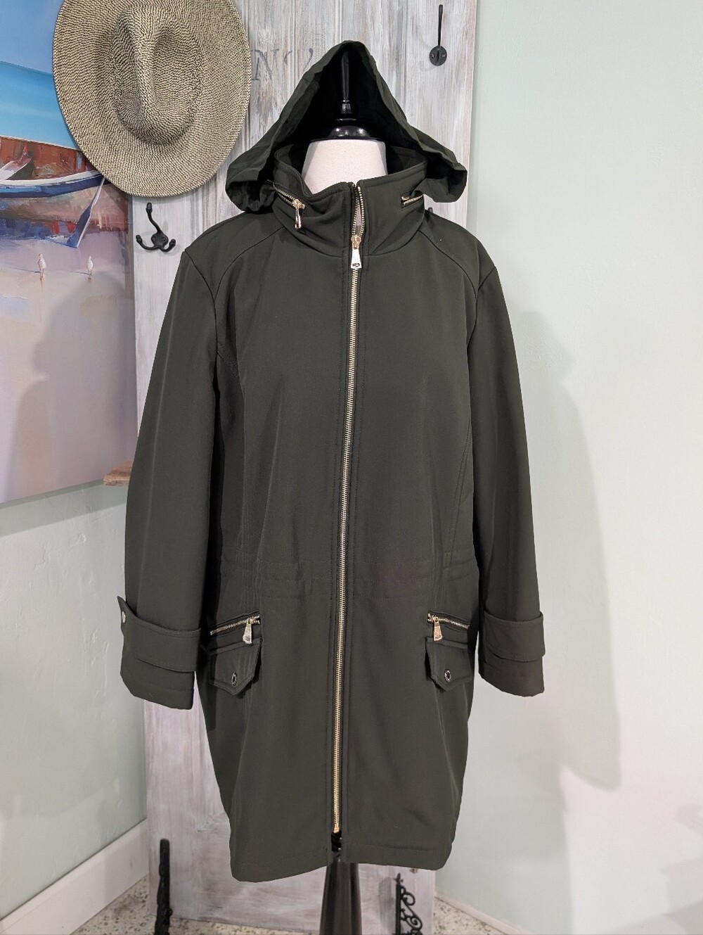 NWOT Dennis Basso Olive Hooded Long Trench Coat
